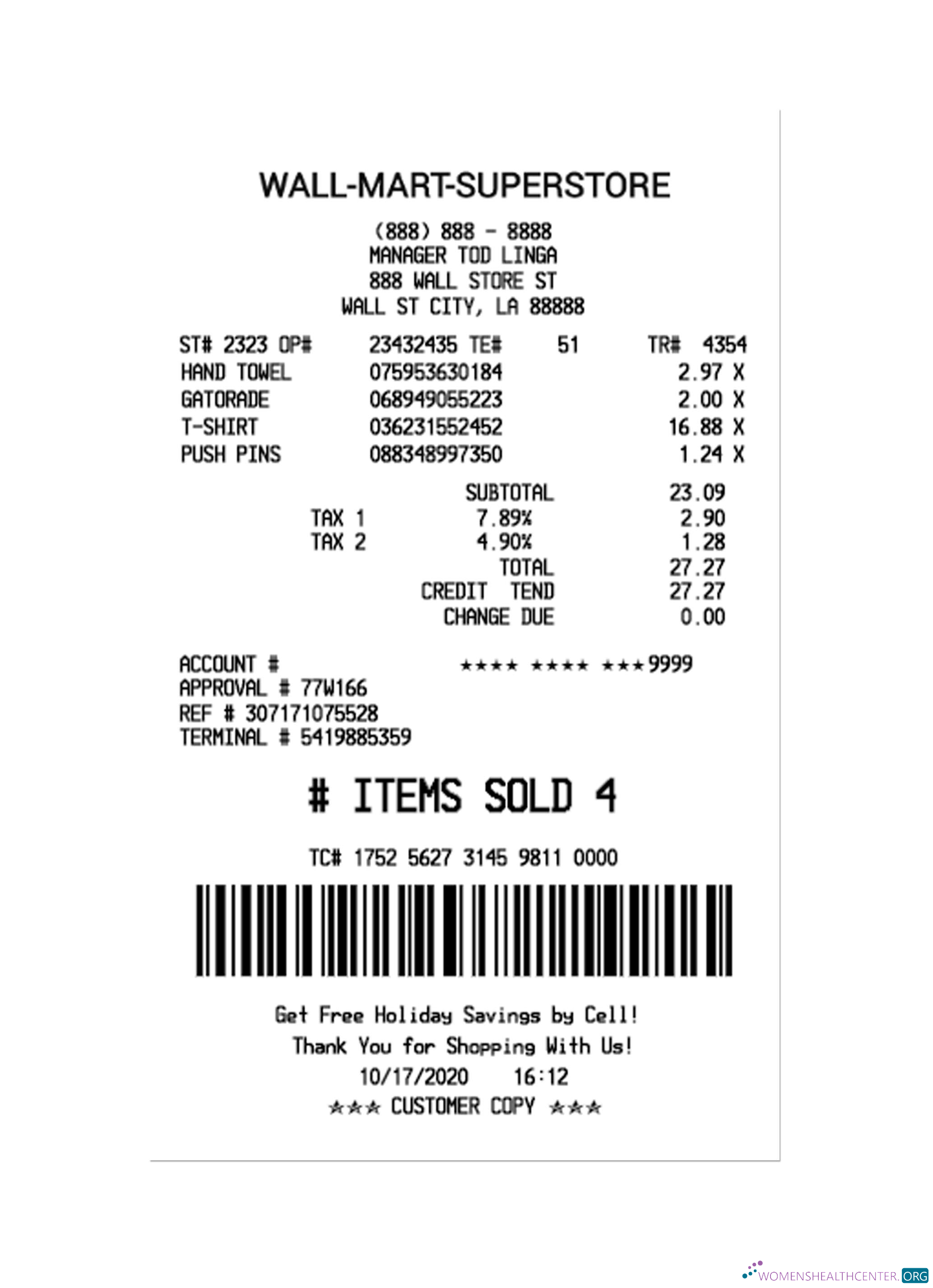 Download WALL MART SUPERSTORE payment receipt Photoshop template